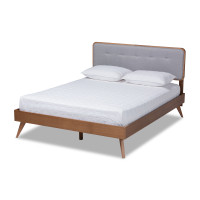 Baxton Studio Dilara-Light Grey/Ash Walnut-Full Dilara Mid-Century Modern Light Grey Fabric Upholstered Walnut Brown Finished Wood Full Size Platform Bed